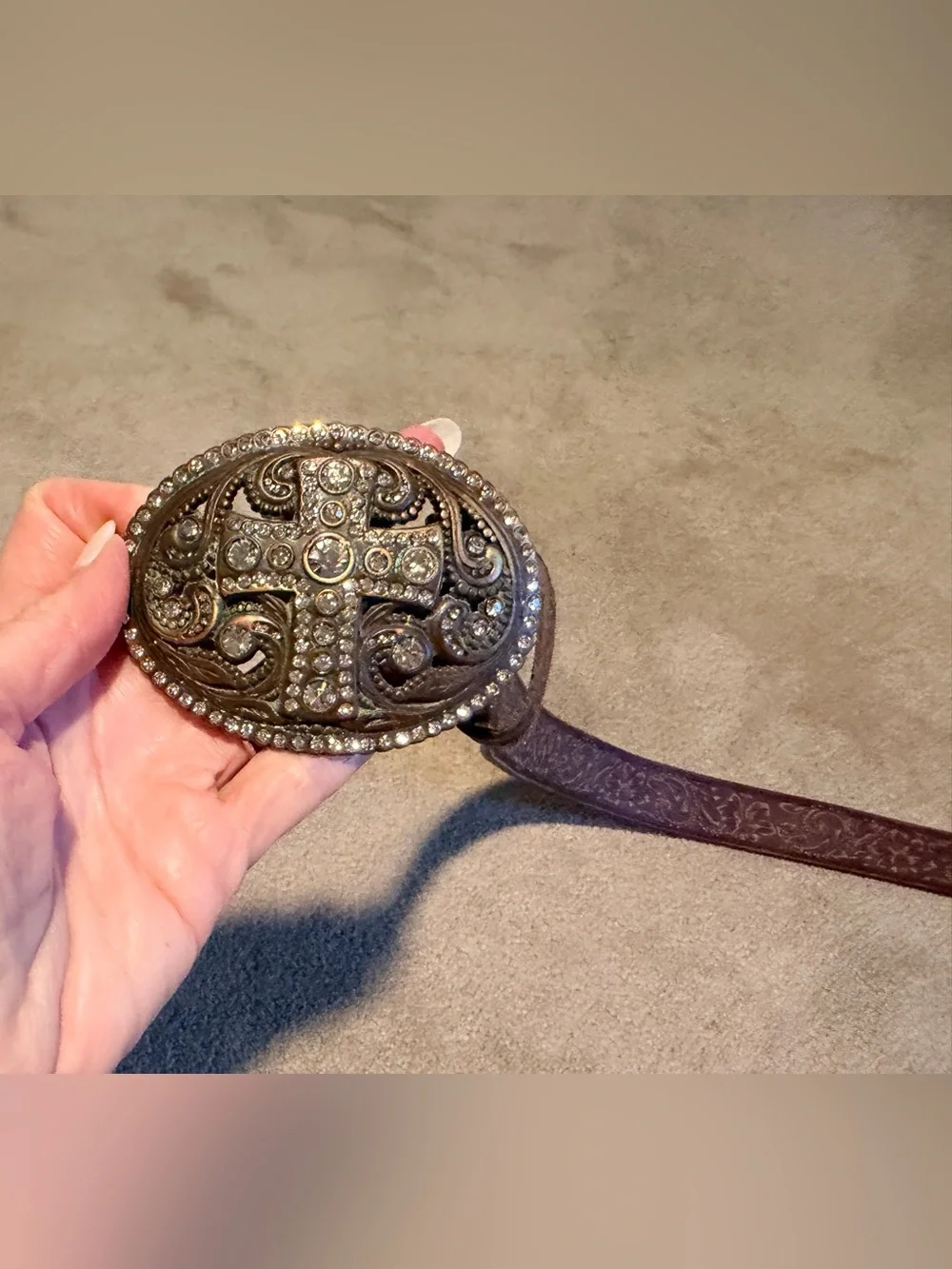 Justin C20555 Brown Tooled Leather Rhinestone Cross Western Belt 36
